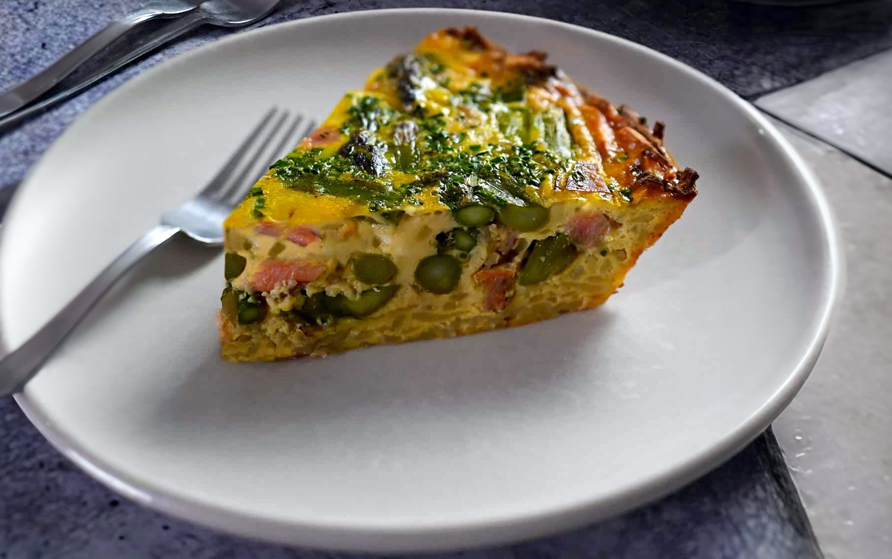 Smoked Salmon & Asparagus Quiche with Crispy Potato Crust (Dairy-Free)
