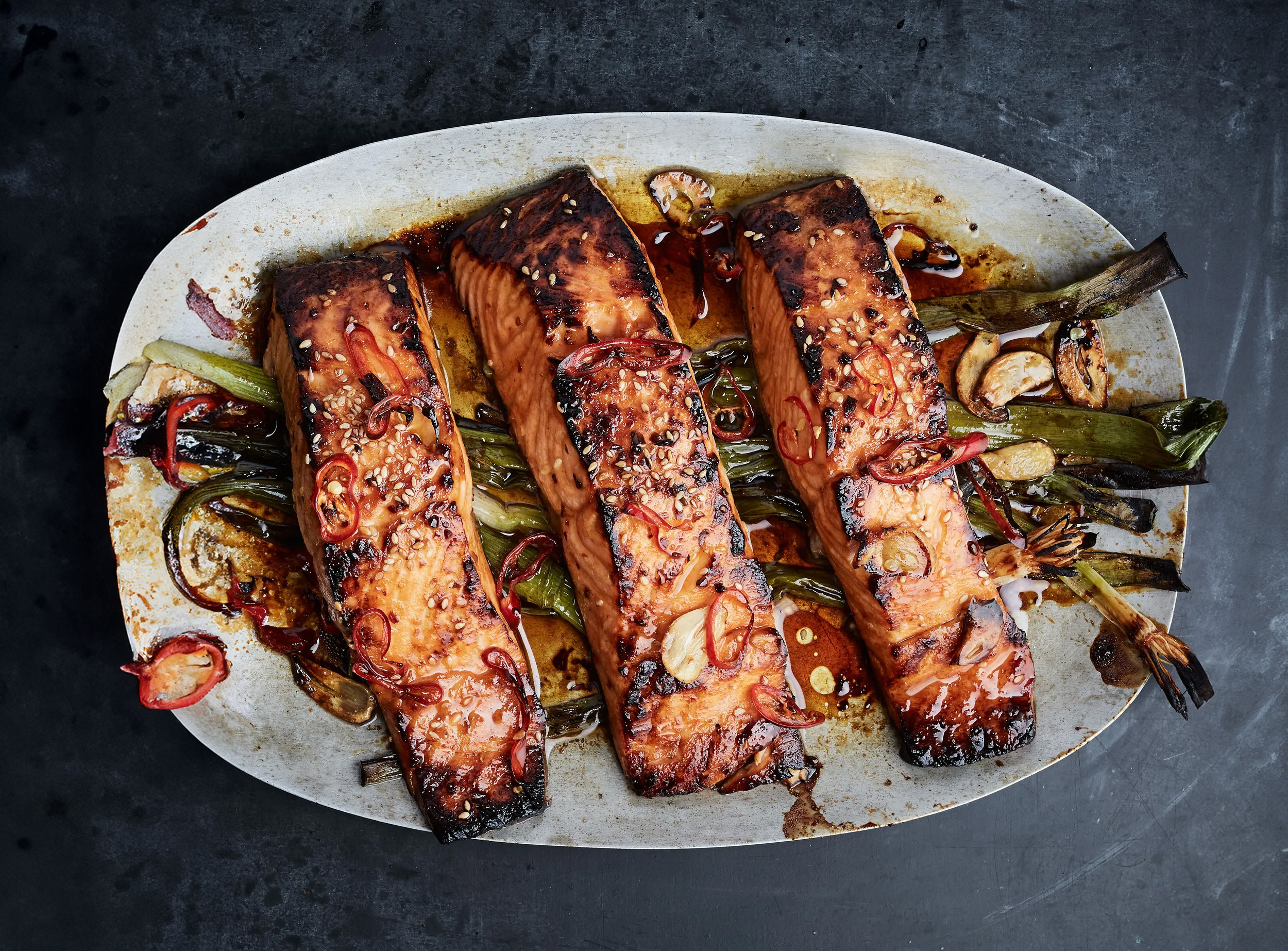 Broiled Lime-Tamari Salmon with Charred Scallions